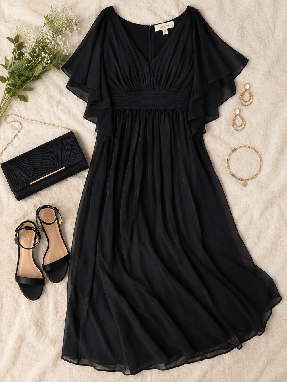 Ever Pretty Black Chiffon Maxi Dress 16 Flutter Sleeve Formal Evening Gown NWT